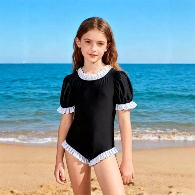 Girls Retro Floral Lace Trim Sleeve Swimsuit with Ruffle Skirt for Girls Classic Bathing Suit for Spring and Summer