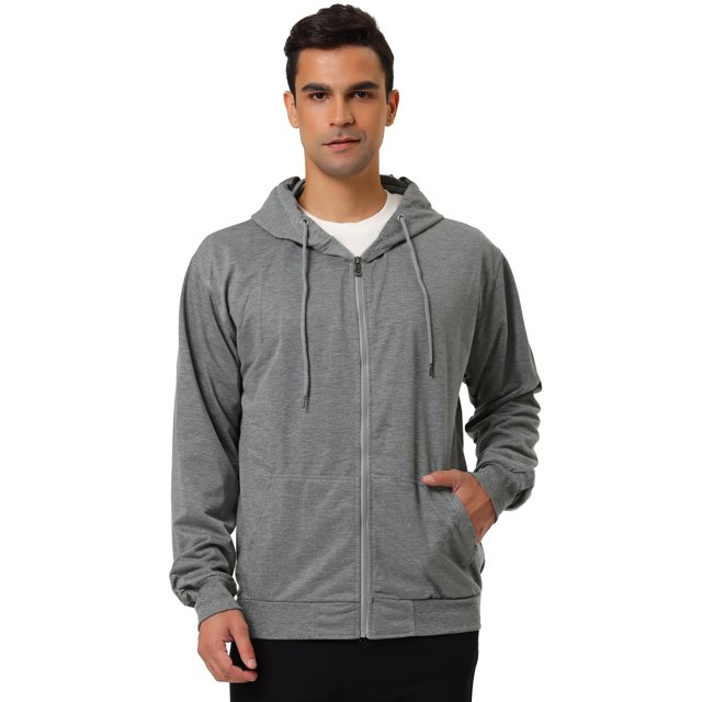 Sudadera con capucha para hombre, con cremallera completa, manga larga, ligera, sólida, deportiva, con capucha gris M Unique Bargains Sudadera