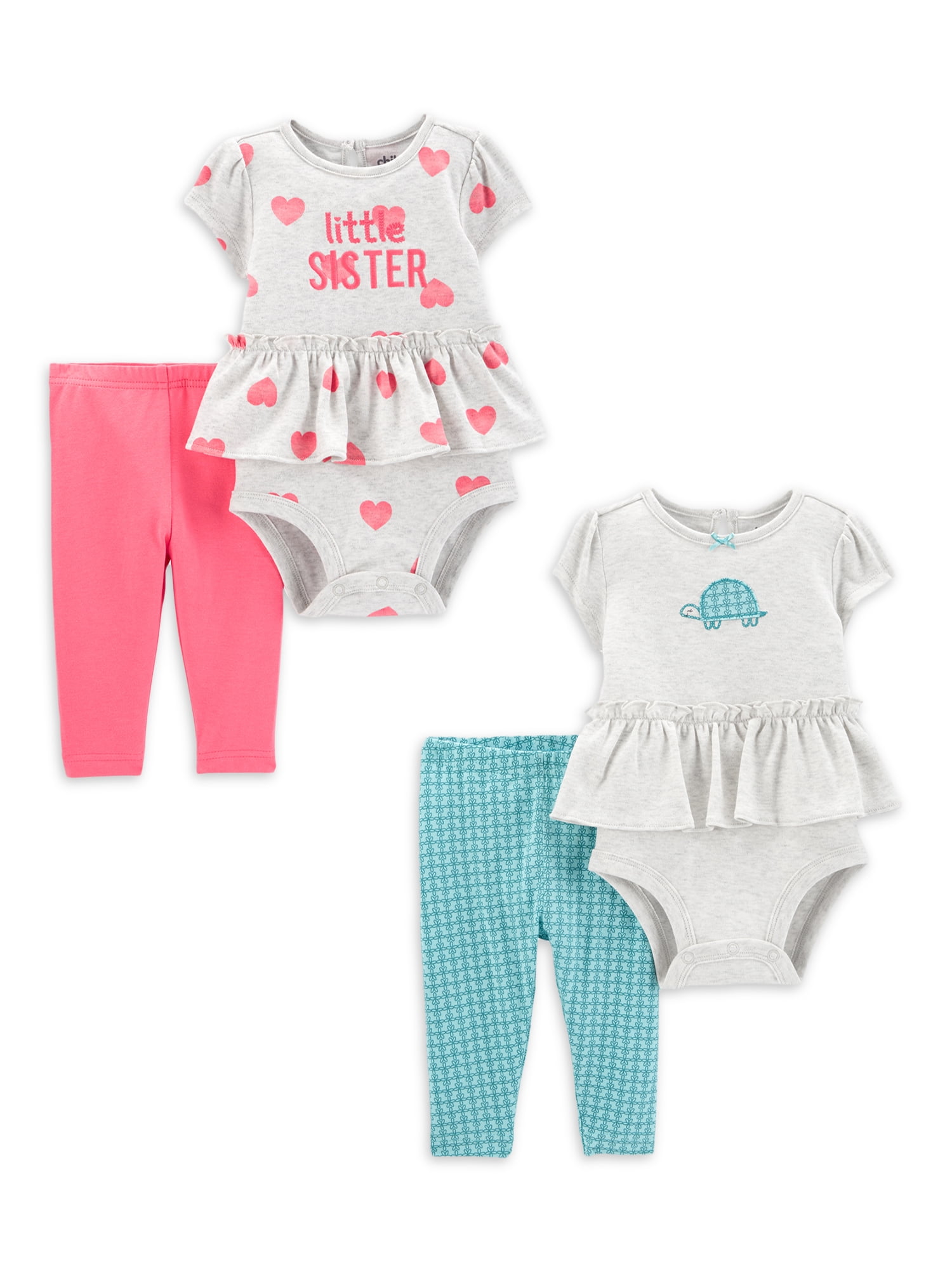 Carter's Child of Mine Baby Girl Short Sleeve Ruffle Bodysuit and Pant  Outfit Set, 4 pc Set, 0/3 Months - 24 Months - Walmart.com