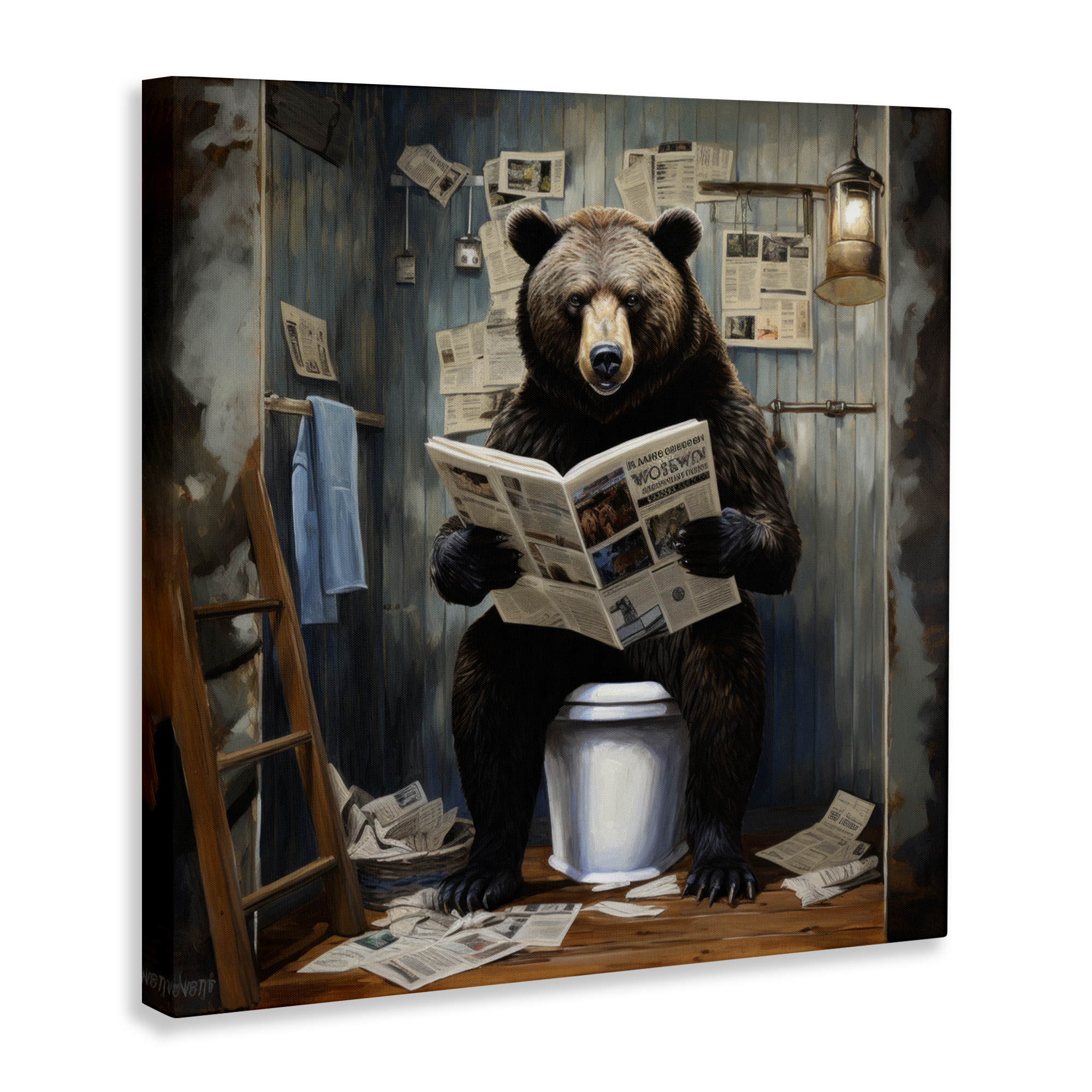 Bear with Newspaper Bathroom Canvas Art, 17 x 17