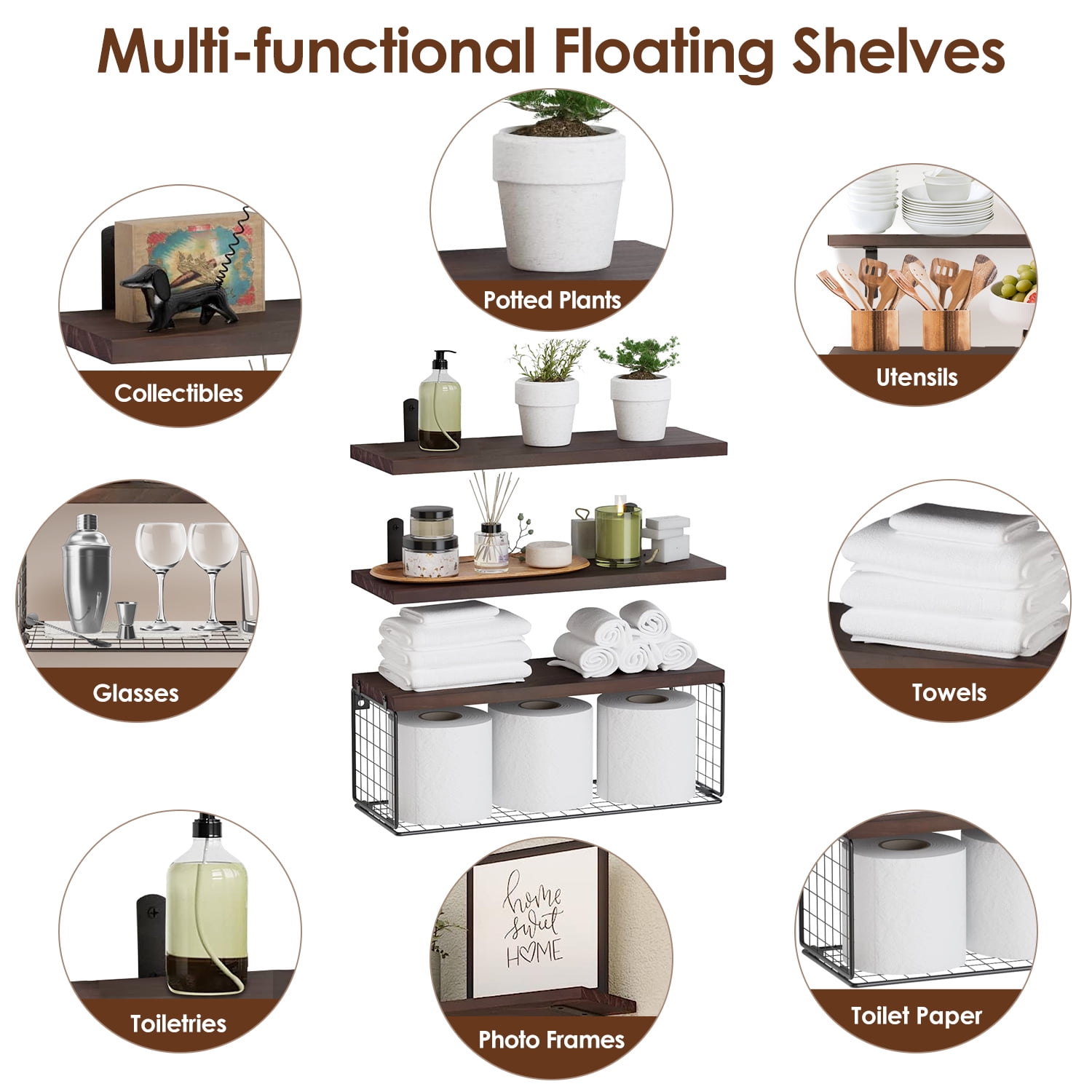Zorpupoa Rustic Floating Shelves, Wall Mounted Wooden Bathroom Floating Shelves Over Toilet Shelves with Storage Basket for Living Room Kitchen Office, Brown