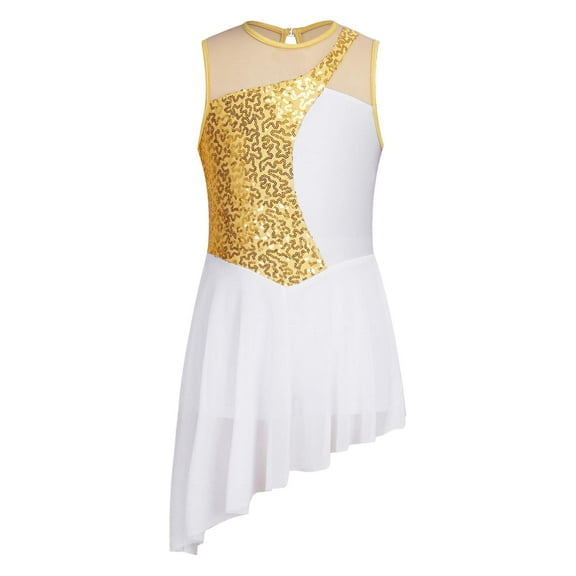 IEFIEL Girls Sequins Ballet Lyrical Dance Leotard Dress Sleeveless Hollow Back Dress Stage Performance Costume Gold 10