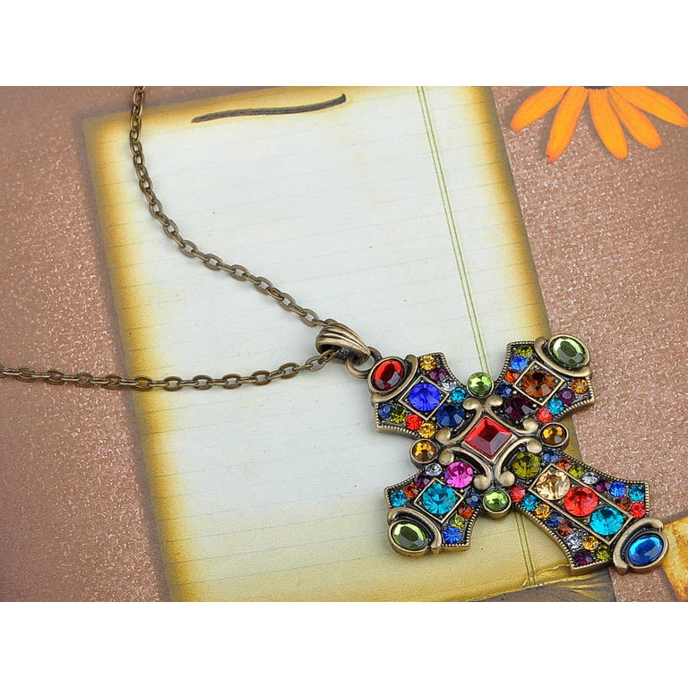 Women Gold Vintage Stain Glassed Colorful Rhinestones Cross