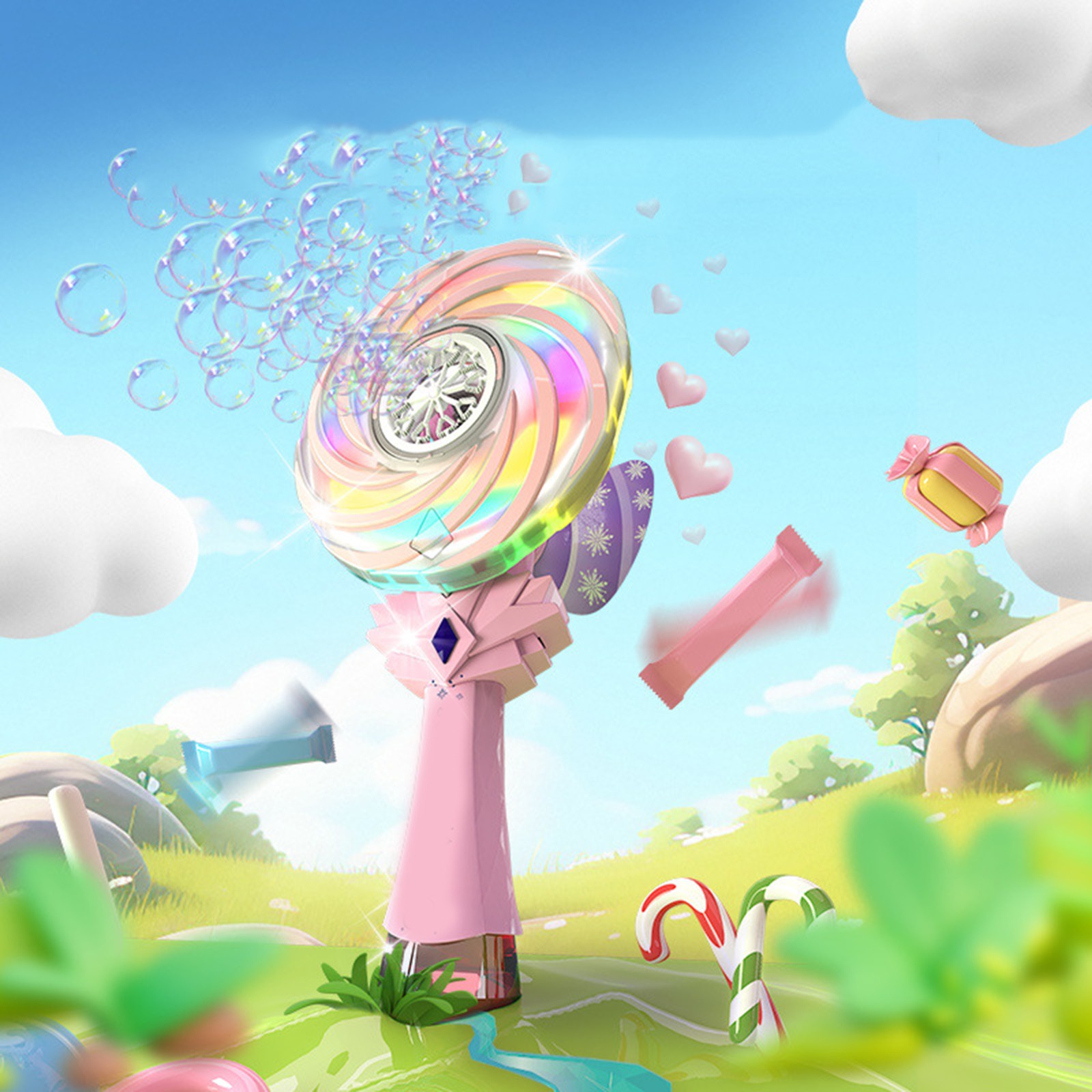 Rechargeable Bubble Wand, Electric Bubble Blower with Lollipop Spinning Fan, Full-Automatic Bubble Machine for Interactive Fun (2PCS)