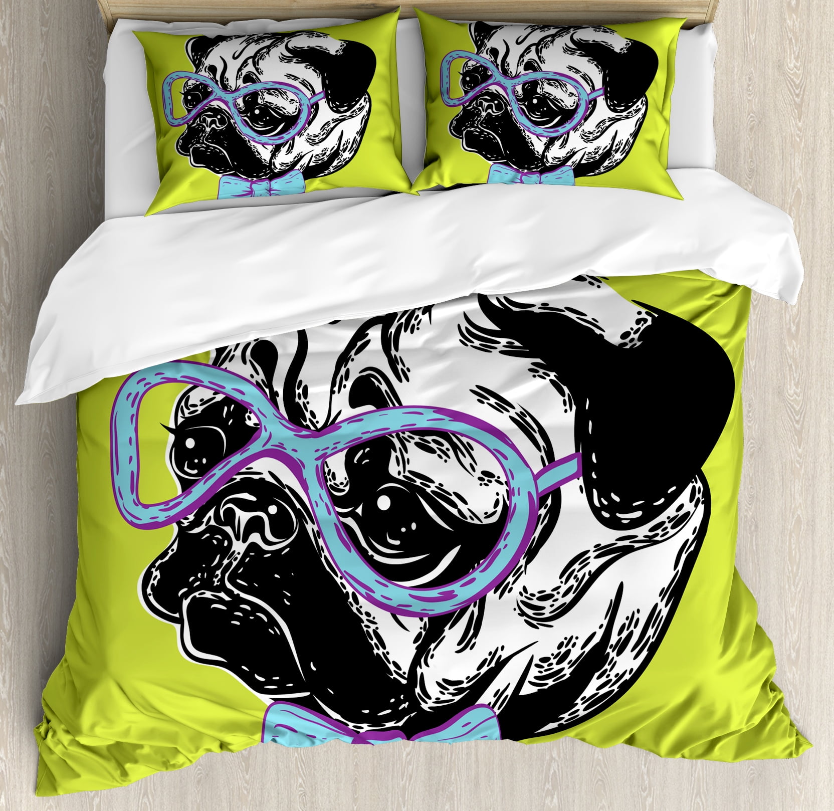 Pug Duvet Cover Set Cute Dog With A Bow Tie And Nerdy Glasses On Pug Duvet Cover Set Cute Dog With A Bow Tie And Nerdy Glasses On Green Shade Backdrop Decorative Bedding Pillow Shams Apple Pale Blue