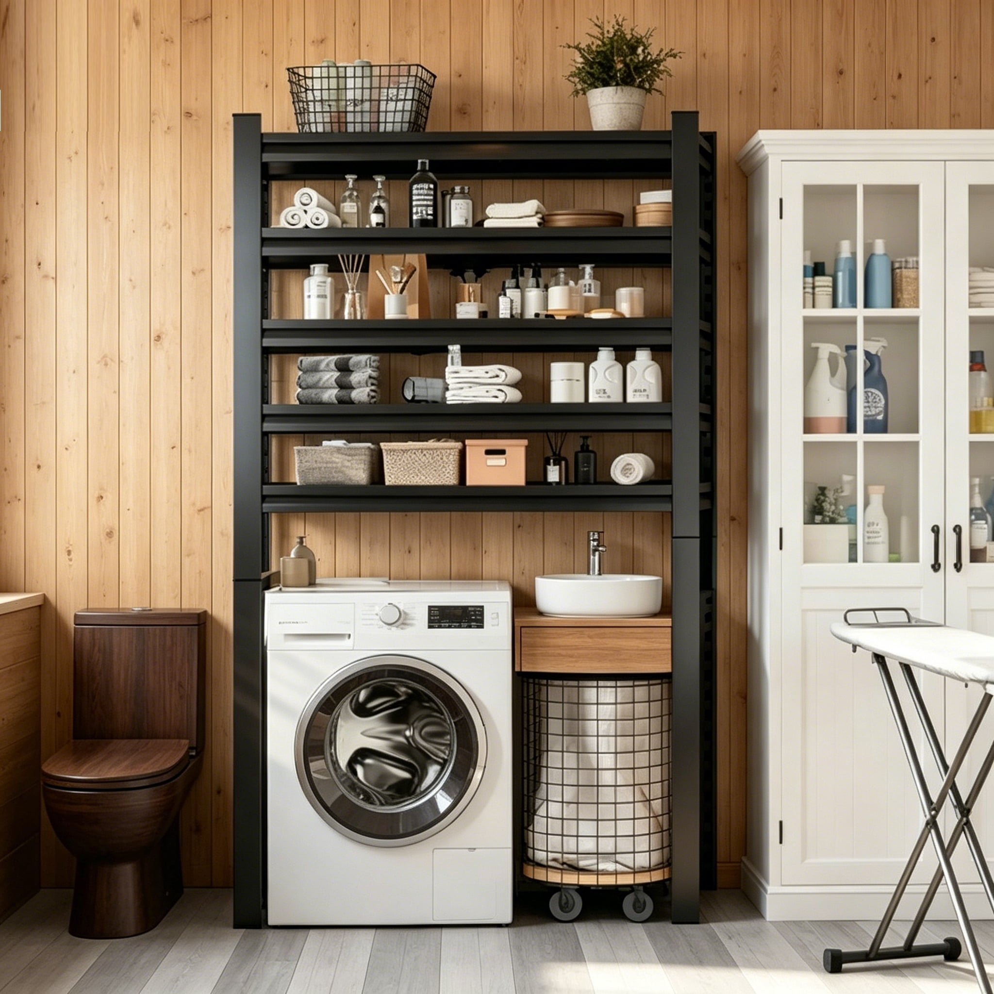 Over Washer and Dryer Shelves,5-Tier Expandable Washer and Dryer Rack, Laundry Room Storage Over Toilet, Washing Machine and Dryer Storage Rack,Bathroom Organization,77.4"Hx 39.4"W x15.7"D,Black