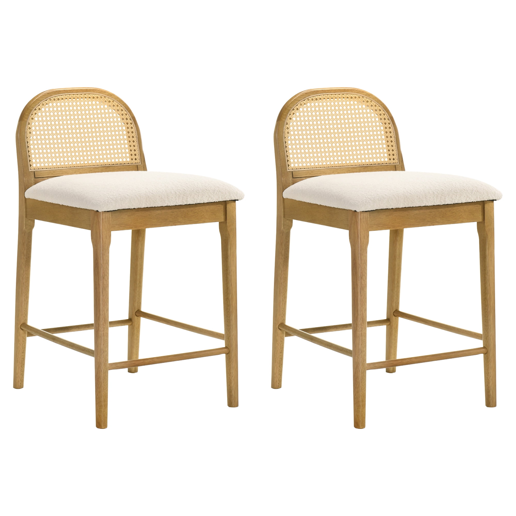 Lucio Modern Farmhouse Wood Counter Height Kitchen Bar Stool in Amber Glow Finish with White Boucle Fabric Upholstered Seat - Set of 2
