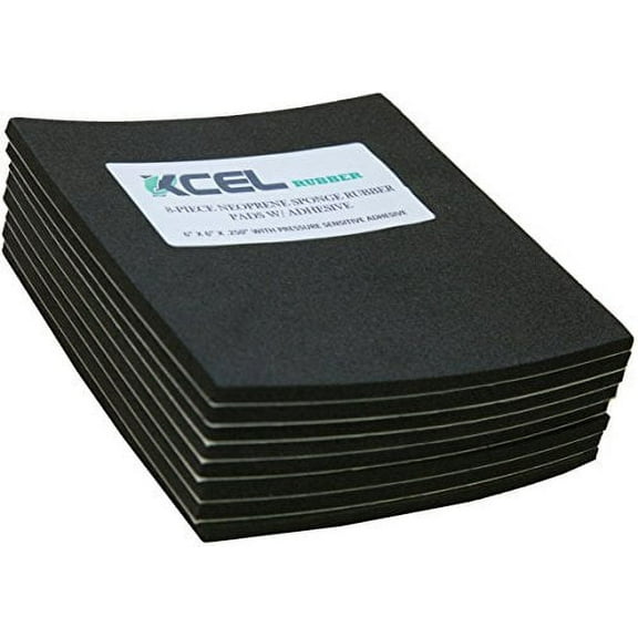 XCEL Neoprene Foam AntiVibration Pads with Self Adhesive - Closed Cell Foam Water Resistant Rubber Padding Sheets - Set of 8 (6" X 6" X 1/4", Black)