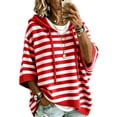 thumbnail image 3 of Pullover Sweaters for Women Oversized Knit Hooded Sweaters Fall Clothes for Women 3/4 Batwing Sleeve Striped Trendy Lightweight Casual Drawstring Sweater Pullover Red L, 3 of 7