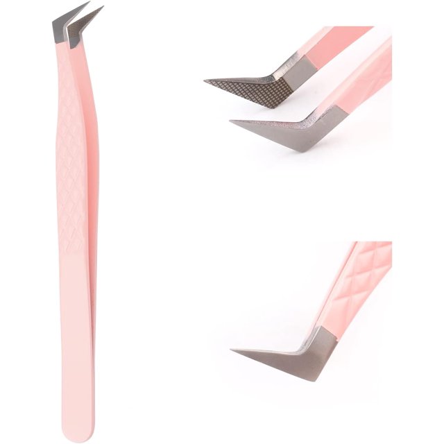 Lash Extension Tweezers Fiber Tips Volume Lash Tweezers Curved Precision Pink Eyelash Tweezers 90 Degree Angle Boot Great for Larger Fans Eyelash Extension Tweezers Professional