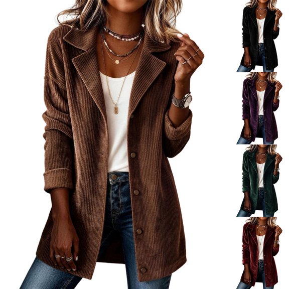 Womens Casual Mid Length Coat Lapel Corduroy Long Sleeve Button Down Jacket 2XL
