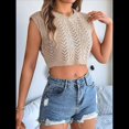 thumbnail image 4 of Suéter de Punto de Verano para Mujer, Chaleco Informal de Corta con Cuello Redondo y Canalé, Camiseta Sin Mangas. Caqui L, 4 of 10