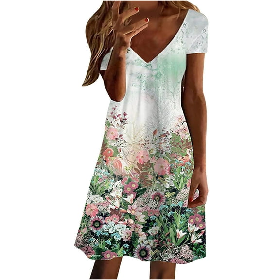 asdoklhq Womens Plus Size Clearance Dresses, Women Casual V-Neck Solid Color Loose Elastic Short Sleeve Dress Skirt