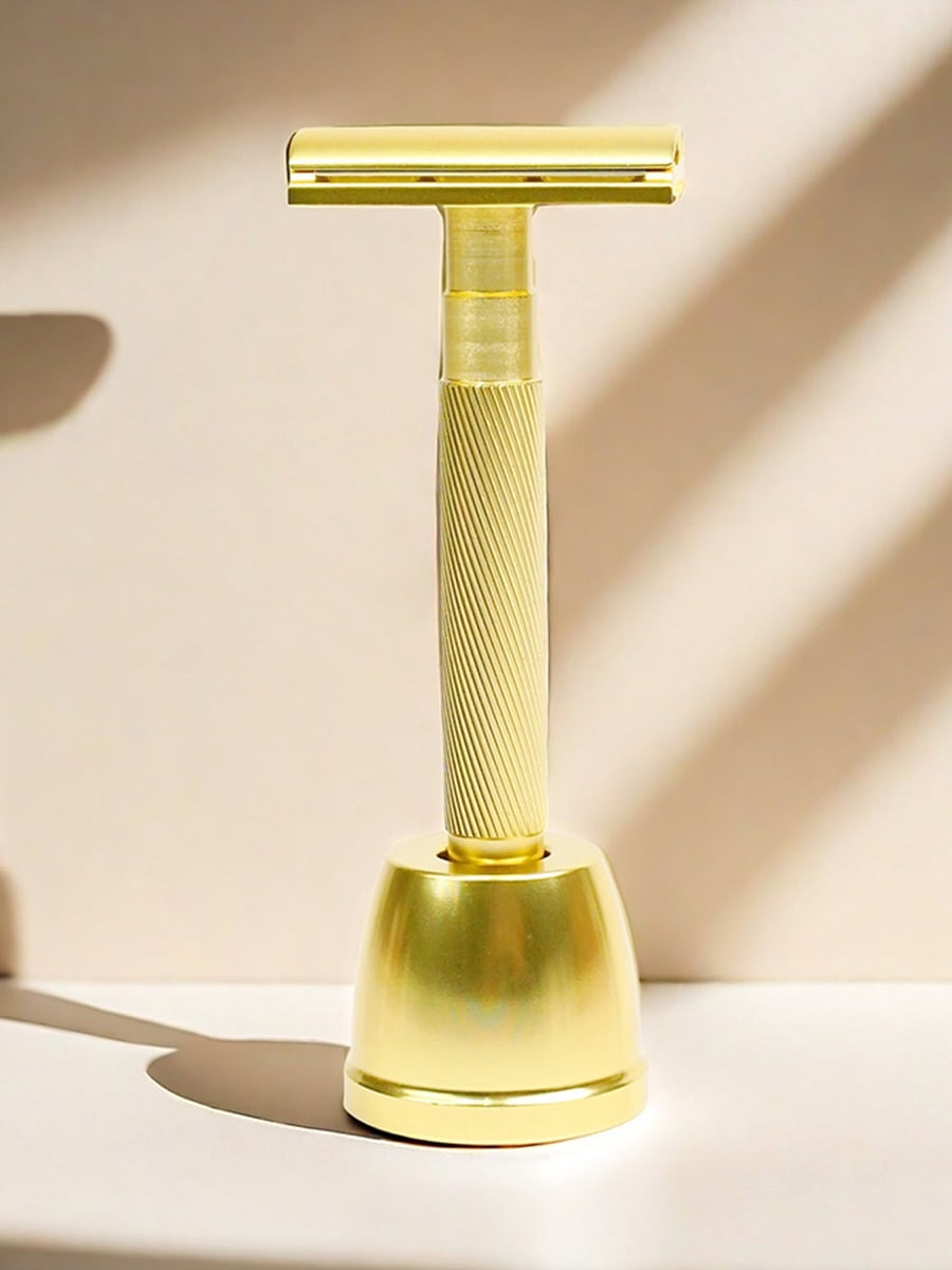 Waysh Safety Razor with Knurled Grip Handle, Complete Double Edge Razor Gift Set with Stand and 20 Blades, Gold