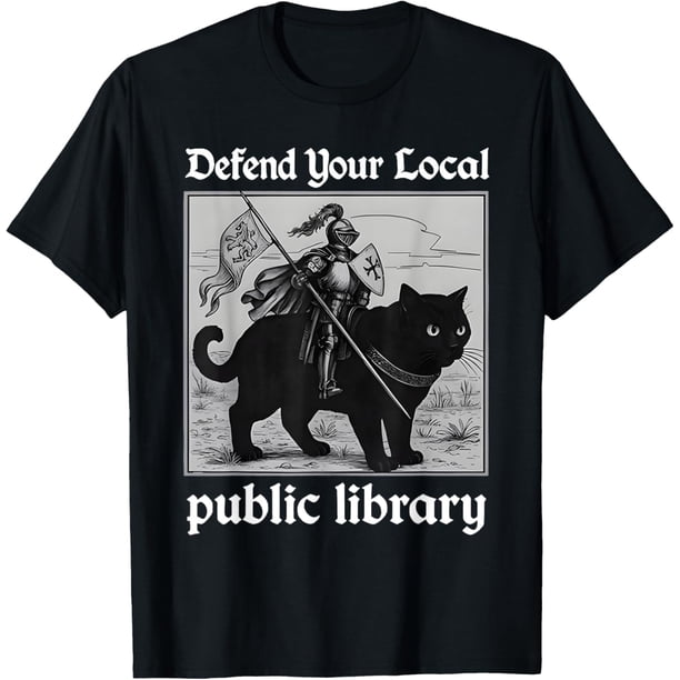 Camiseta divertida para caballero y gato de la biblioteca pública local