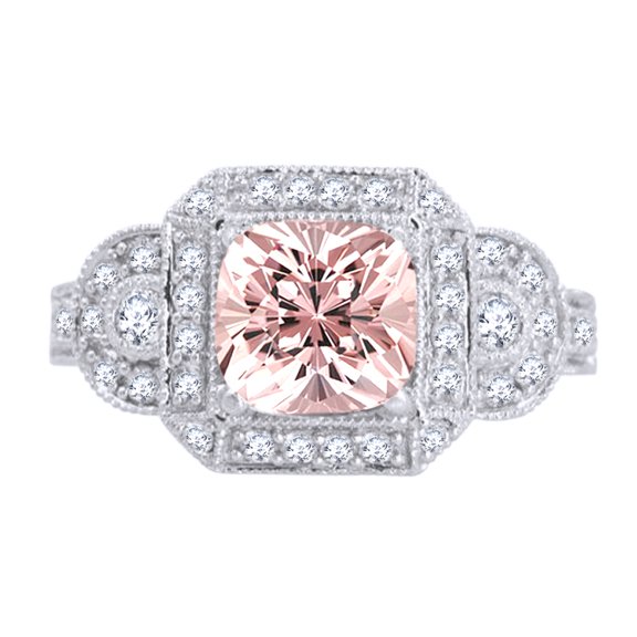 AFFY 1.5 Ct Princess Cut Morganite & White Natural Diamond Vintage Halo Engagement Ring in 10k White Gold Ring Size - 10.5