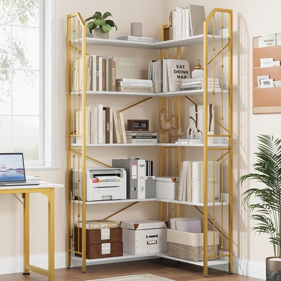 7-Tier Corner Bookshelf, 86" H L-Shaped Bookcase with Wood Board, Industrial Storage Shelf for Living Room, Bedroom, Office
