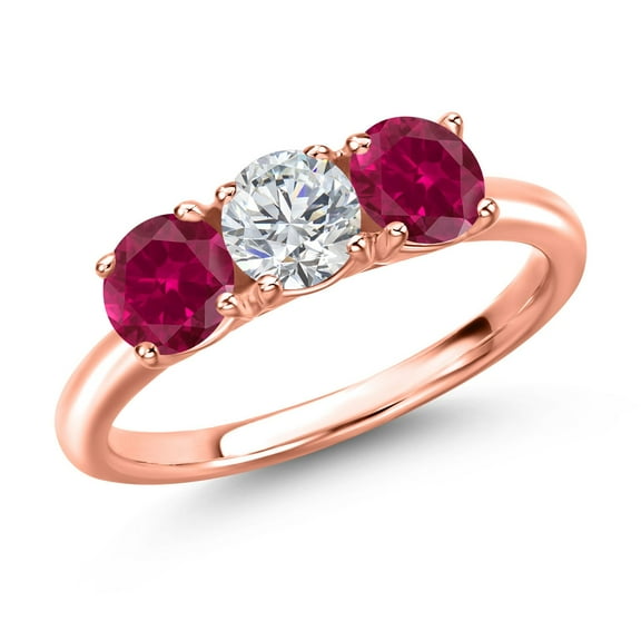 Gem Stone King 18K Rose Gold Plated Silver Lab Grown Diamond and Red Created Ruby Engagement Ring for Women | 1.70 Cttw | Round 5MM | Gemstone April Birthstone | Size 9