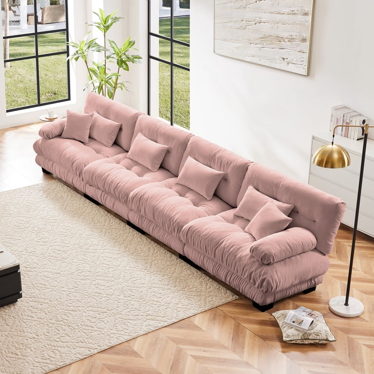 Gewnee Oversize Luxury Modular Pink Chenille Deep Seat 4-Seater Sectional Sofa Couch , Upholstered Sofa for Living Room