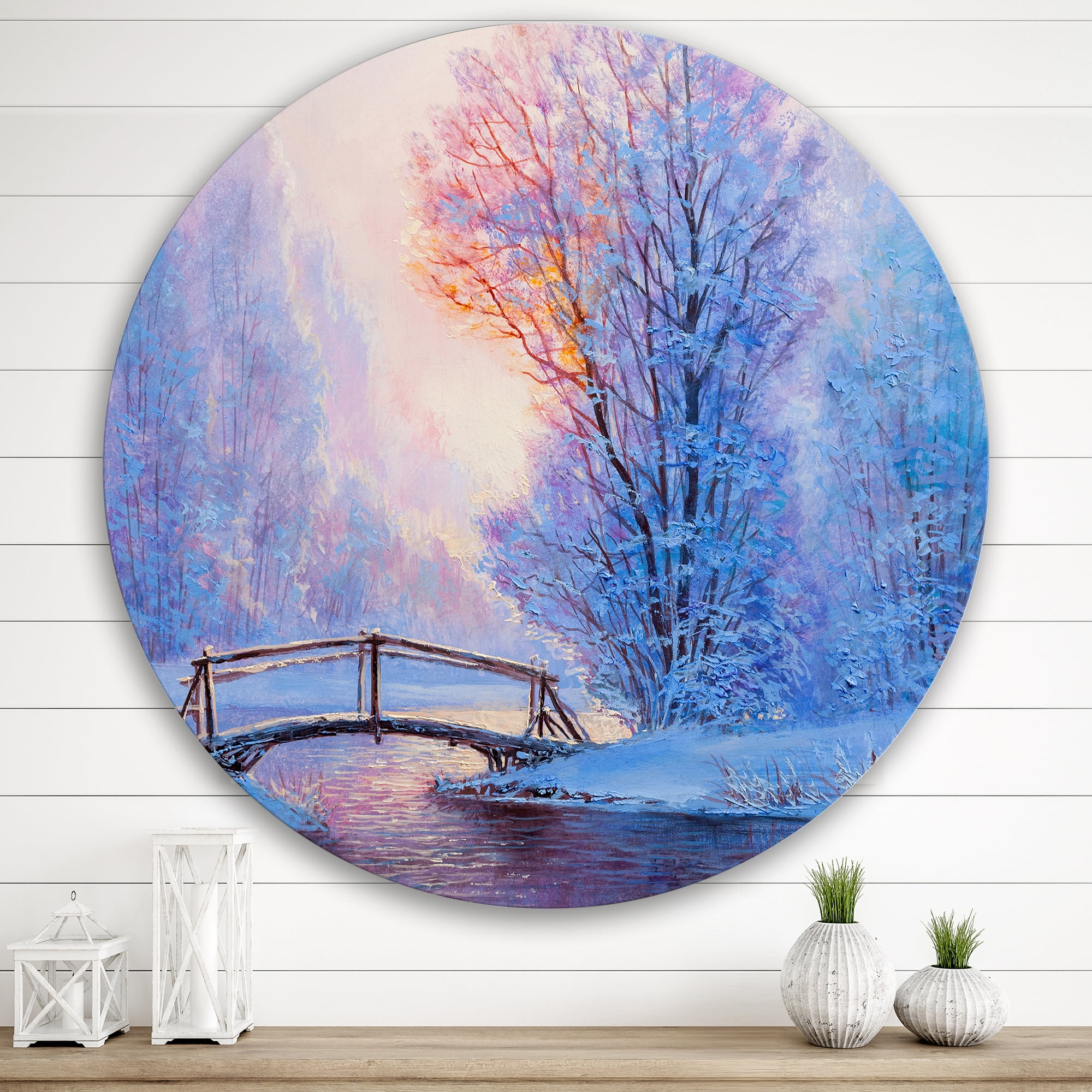 Designart 'Winter Landscape With A Bridge and A River' Lake House Circle Metal Wall Art 36x36 - Disc of 36