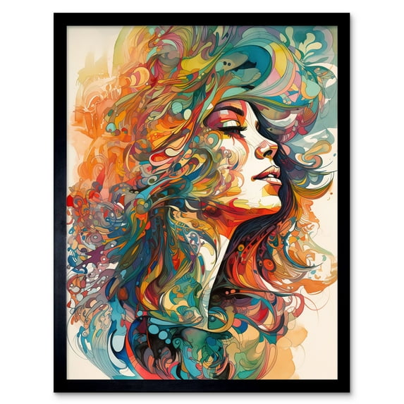 Iris Goddess of Rainbows Multicoloured Flowing Hair Deity Portrait Modern Watercolour Illustration Art Print Framed Poster Wall Decor 12x16 inch