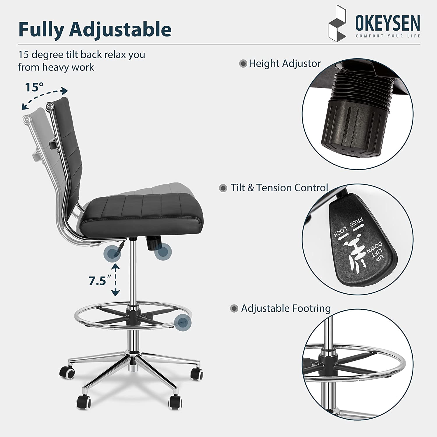 Drafting Chair Armless Desk Stool, 400 LBS Ergonomic Leather Tall Office Chair with Adjustable Foot Ring, Modern Standing Desk Chair with Ribbed Mid Back, Swivel Rolling Drafting Stool.