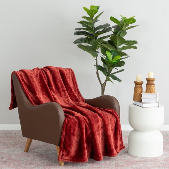 Better Homes & Gardens Textured Velvet Plush Soft Fleece Throw Blanket, Oversized, Dark Redwood
