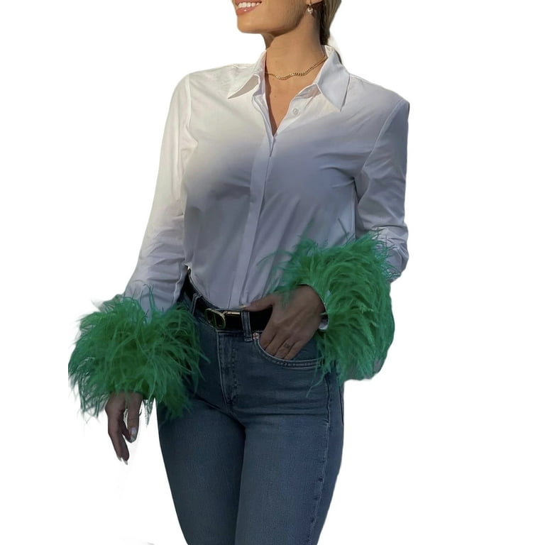 hirigin Women Feather Trim Shirt Long Sleeve V Neck Satin hirigin Women Feather Trim Shirt Long Sleeve V Neck Satin