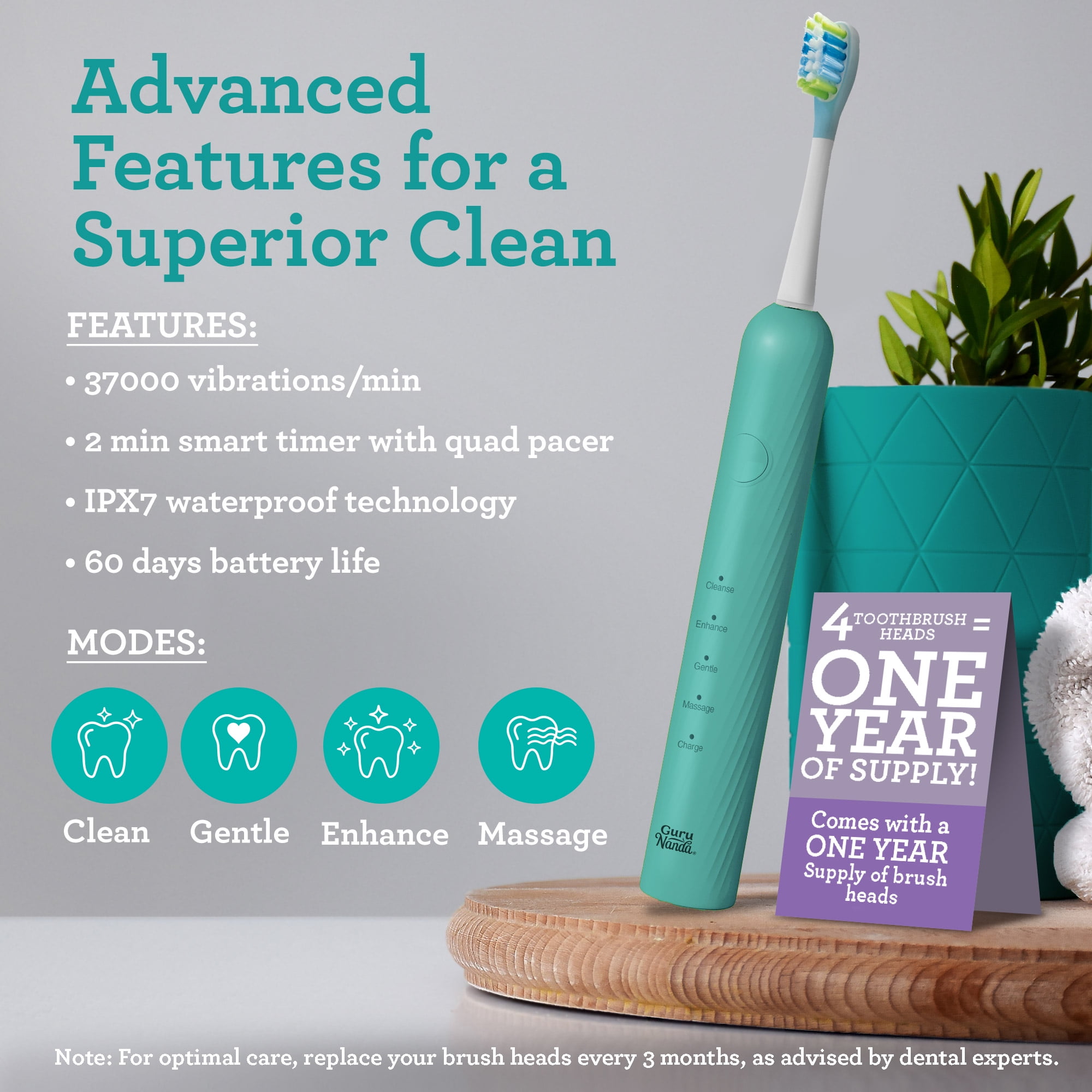 GuruNanda Lion & Lamb Kit 2.0 Electric Toothbrush with Water Flosser, 4 Jet Tips, 4 Brush Heads, Teal