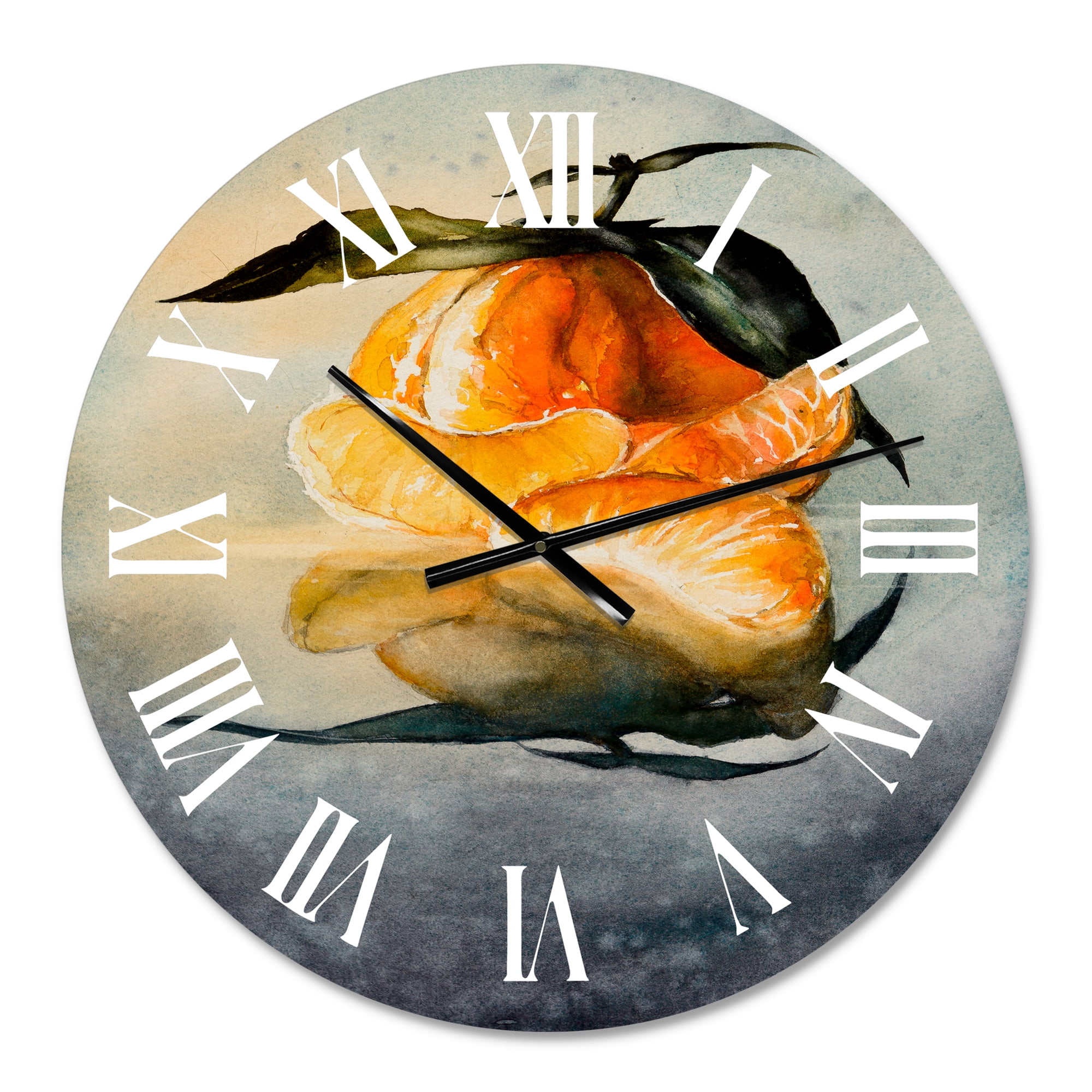 Designart 'One Peeled Fresh Orange Mandarin With Green Leaves' Traditional Wall Clock