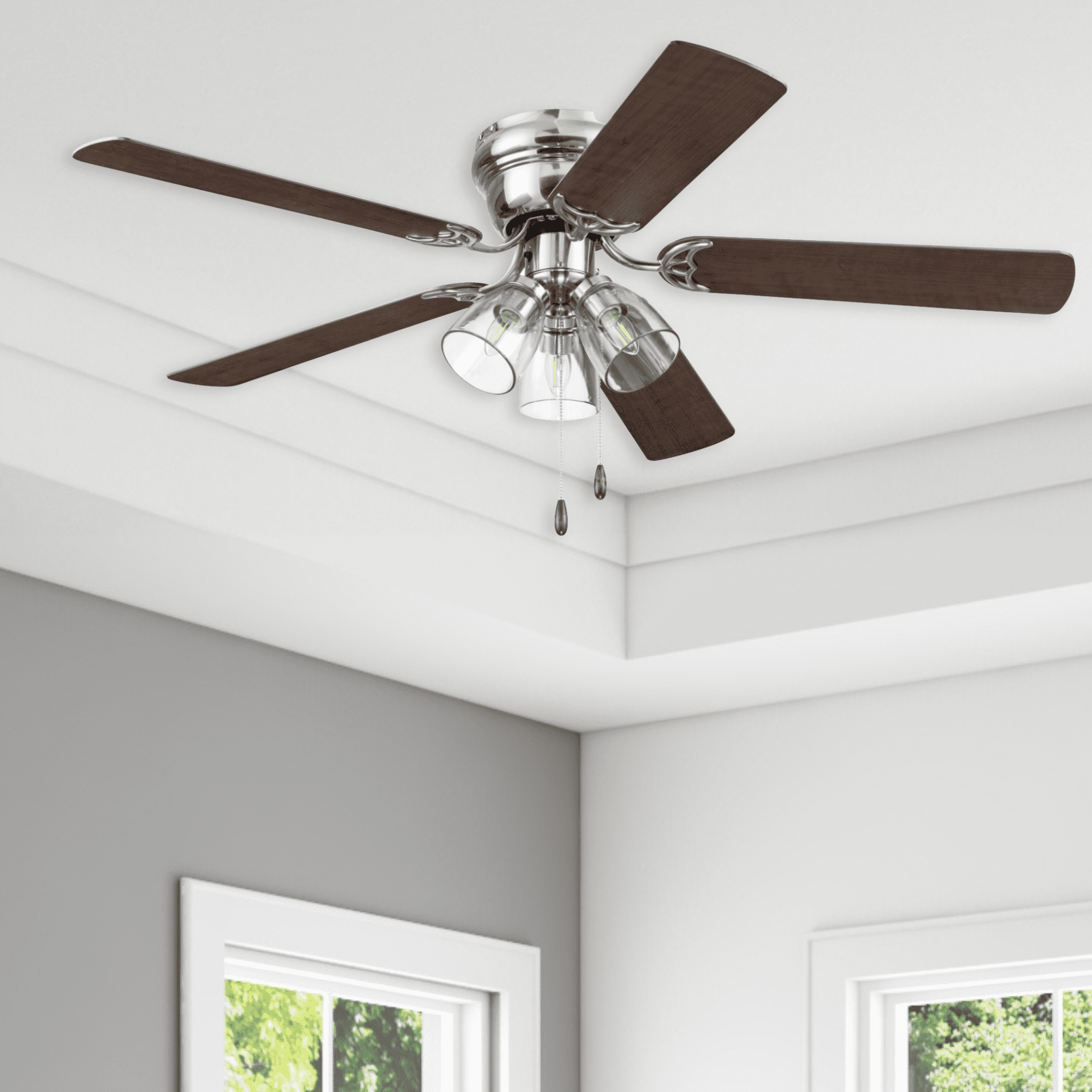 Prominence Home Renton 52" Brushed Nickel Flushmount Ceiling Fan with Light, 5 Blades, Pull Chains & Reverse Airflow