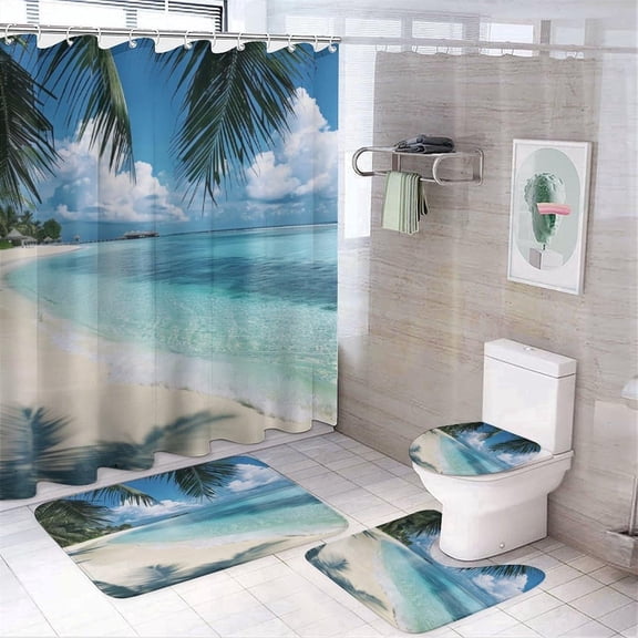 YourPrint 4 Piece Tropical White Sand Bathroom Set with Mats Blue Polyester