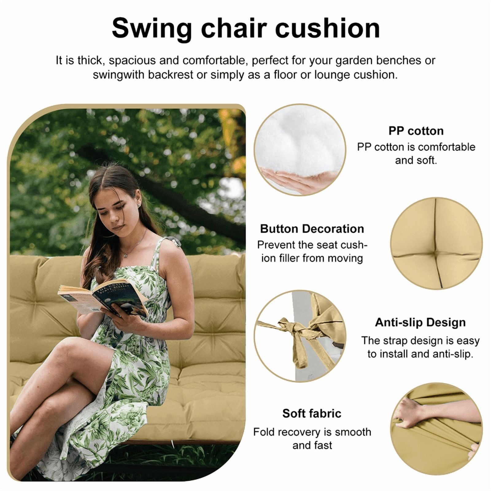 Outdoor Porch Swing Replacement Cushions, Waterproof Bench Chair cushion, 2-3 Seater Patio Swing cushion with Backrest and Ties, 4" thick