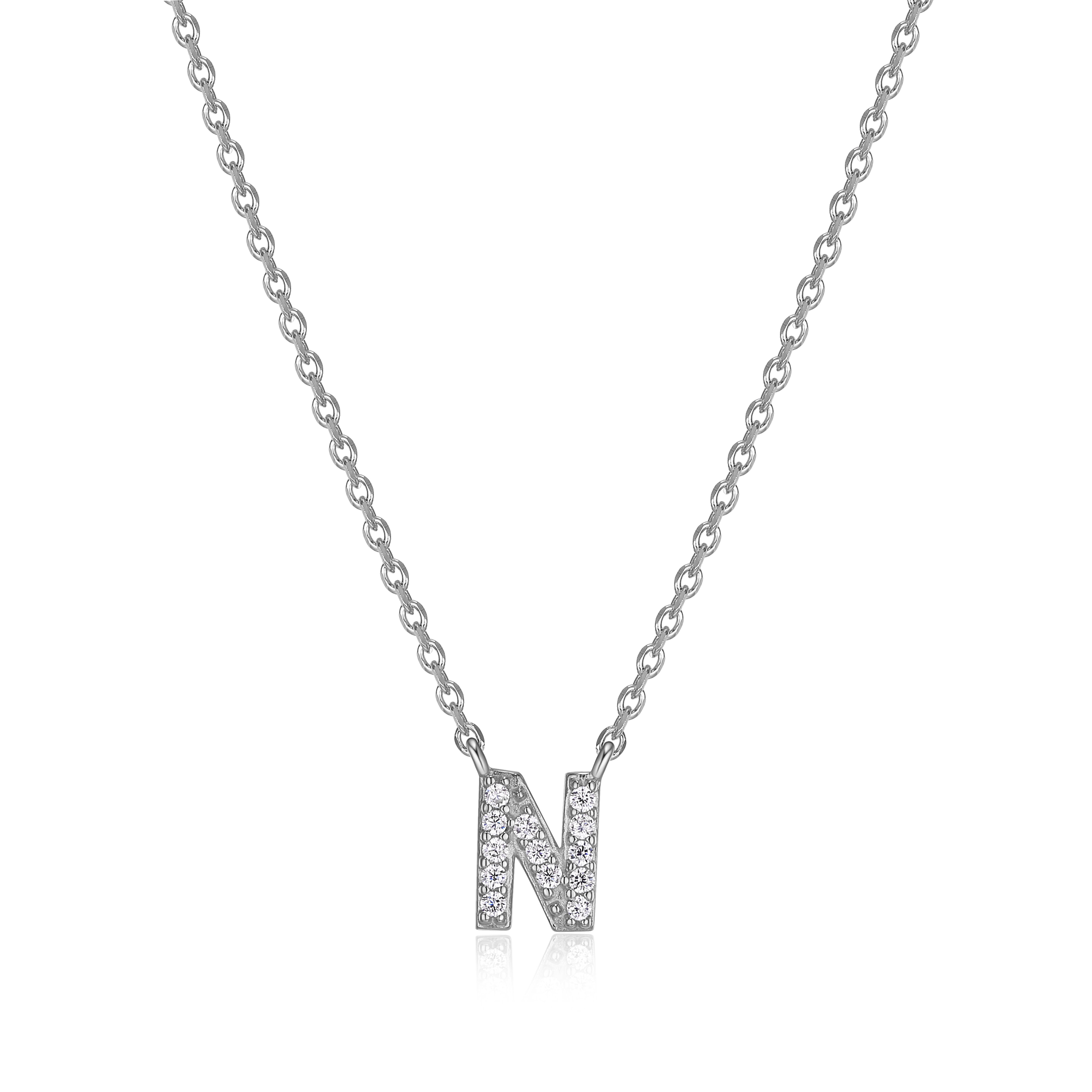 Forever Facets Women's Initial Letter "N" CZ Necklace in Sterling Silver, 18 inch