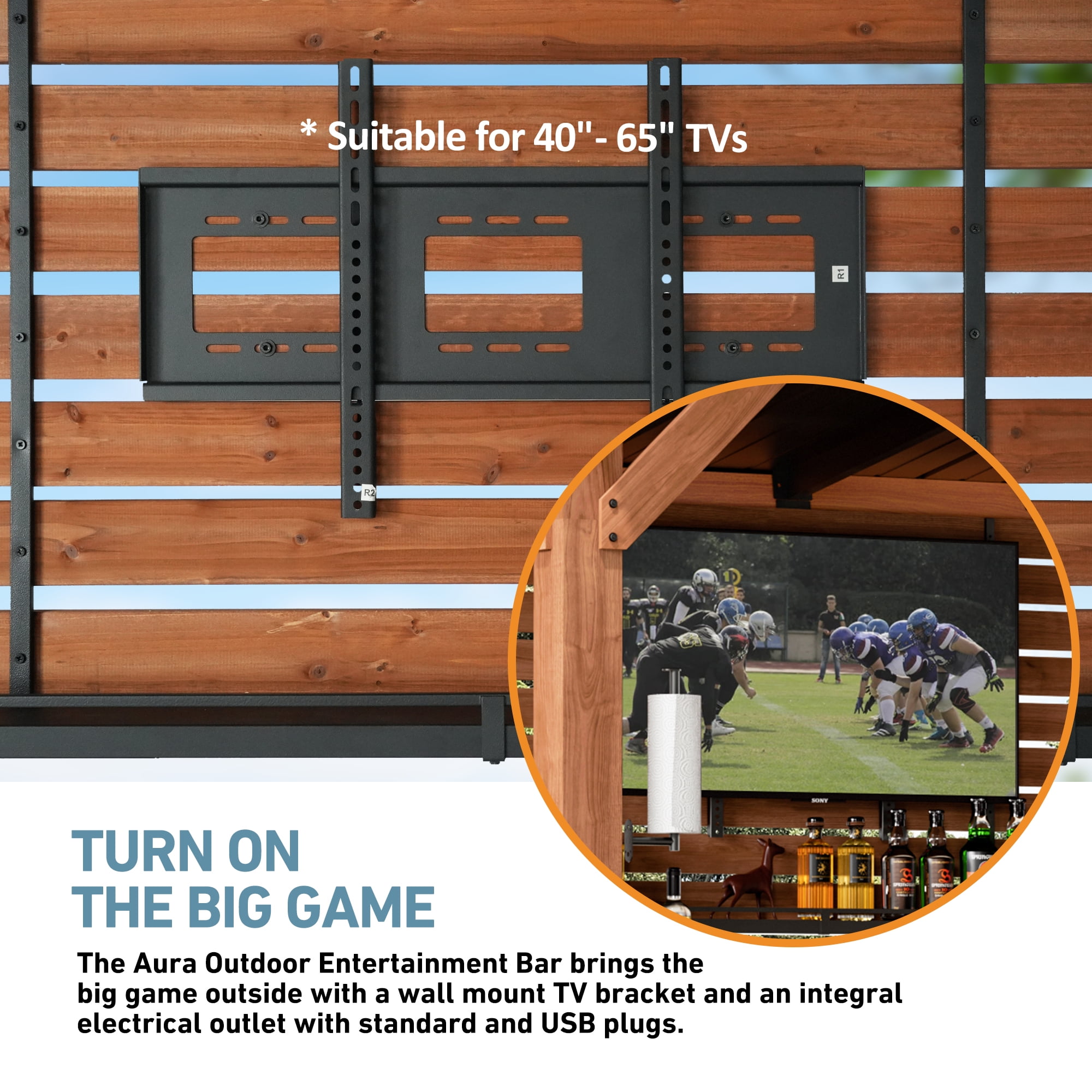 Modern Shade Cedar Wood Bar Center Gazebo with Steel Roof, Shelves, TV Mount & Power Strip for Patio or Garden