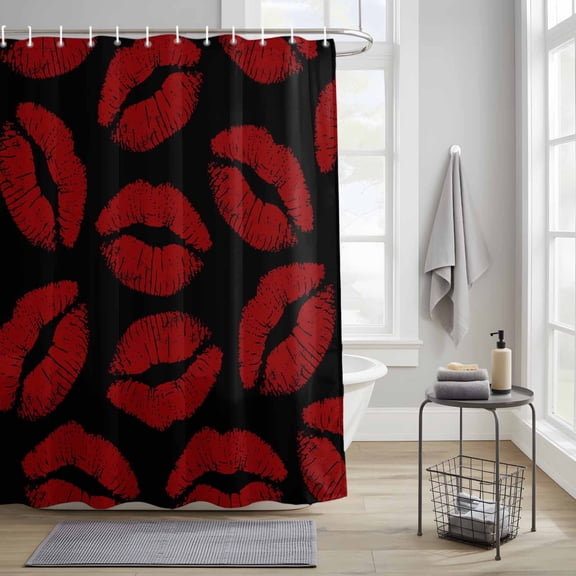 Bathroom Shower Curtain Lipprint Kisses Red and Black Waterproof Shower Curtains with Hooks, Valentine's Day Lips Texture Bath Curtains Bathtub Curtain Home Decor 36x72in