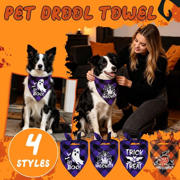 Halloween Dog Bandana, 25 X 11 Inch Plaid Halloween for Dogs, Haunted House Print Dog Halloween Bandana, Adjustable Bandana for Dogs for Small Medium Pets, 1 Pack Purple Black