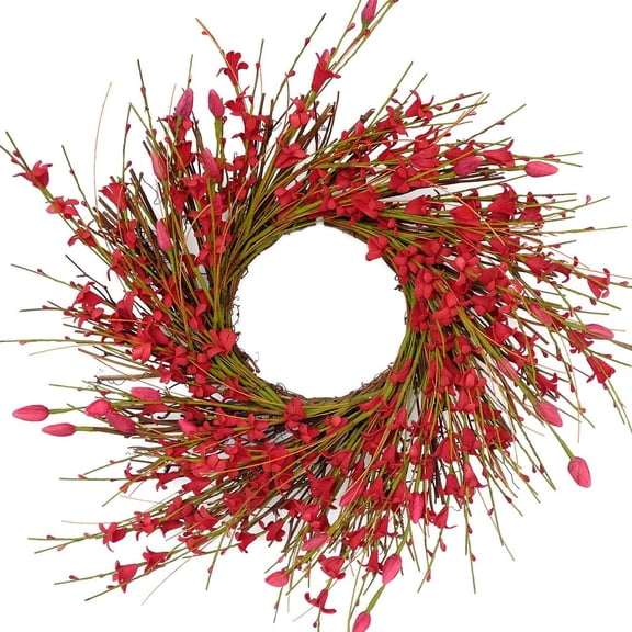 JEWLALO 14" Spring Artificial Forsythia Flower Wreath, All Year Around Wreath for Front Door, Wedding Window Home Wall Indoor Front Door Decor (Red)