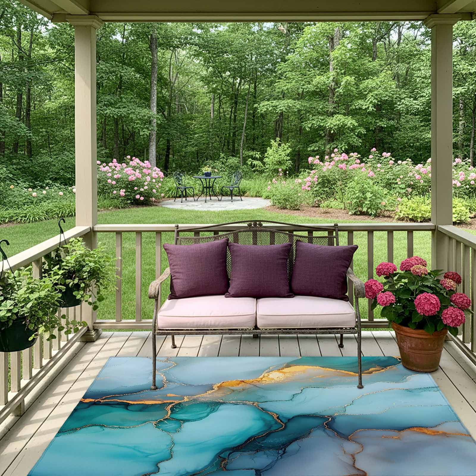 Outdoor Rug 5x8ft Ombre Turquoise Golden Marble Large Area Rug Modern Art Indoor Outdoor Carpet Outdoor Rugs Mats for Patio Camping,RV,Front Door, Outside Decor