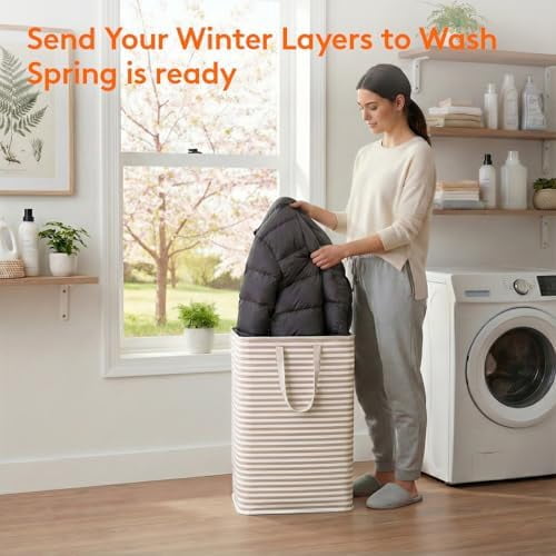 2 Pack Laundry Hamper Large Collapsible Laundry Baskets, Freestanding Waterproof Clothes Hamper with Easy Carry Handles in Laundry Room Bedroom Bathroom College Dorm, Beige, 2 x 80L