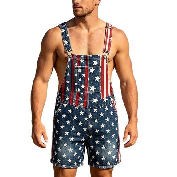 Bib Overalls for Men Vintage Denim Star Print Short Romper, Casual Daily & 4th of July Wear, 5XL