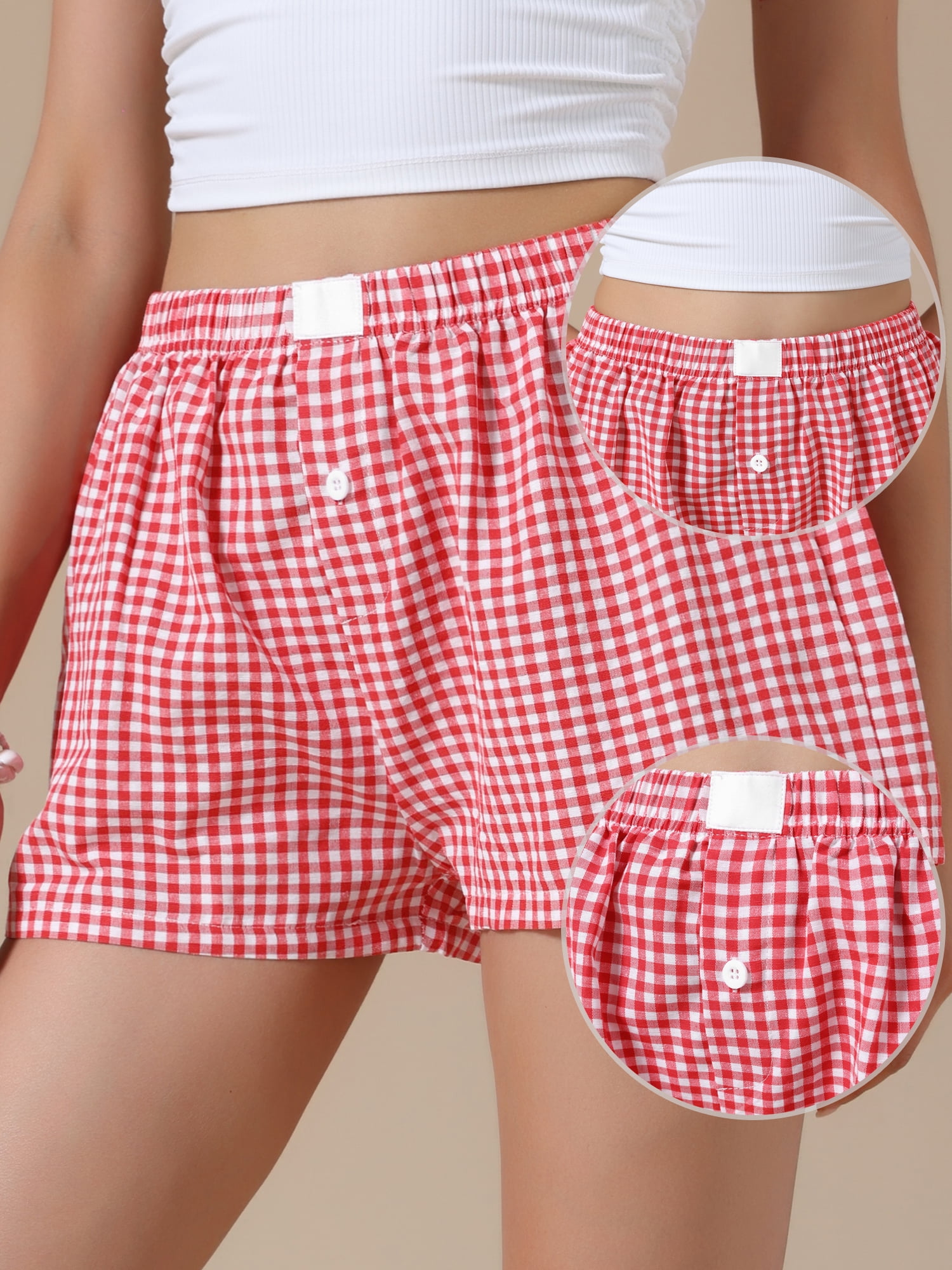 DARING DIVA Women's Gingham Buttons Comfy Breathable Beach Casual Shorts Large Red
