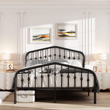 Allewie Queen Size Metal Platform Bed Frame with Chic Headboard and Footboard  Black