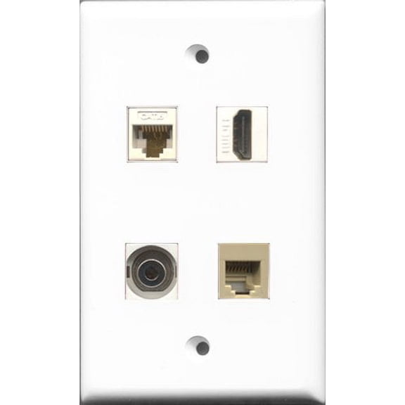 RiteAV 1 Port HDMI and 1 Port Phone RJ11 RJ12 Beige and 1 Port 3.5mm and 1 Port Cat6 Ethernet White Wall Plate