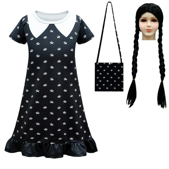 HAWEE Robe de Costume de Wednesday Addams avec Sac pour Enfants, Robe d'Uniforme Noire d'Halloween pour Filles Robe de Costume Addams pour Fête Cosplay