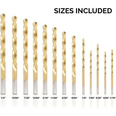 NEIKO 10038A Left-Hand Drill-Bit Set, High-Speed Steel Drills with Titanium Nitride Coating, Reverse-Twist Drill Bits, SAE Sizes, 13-Piece Set