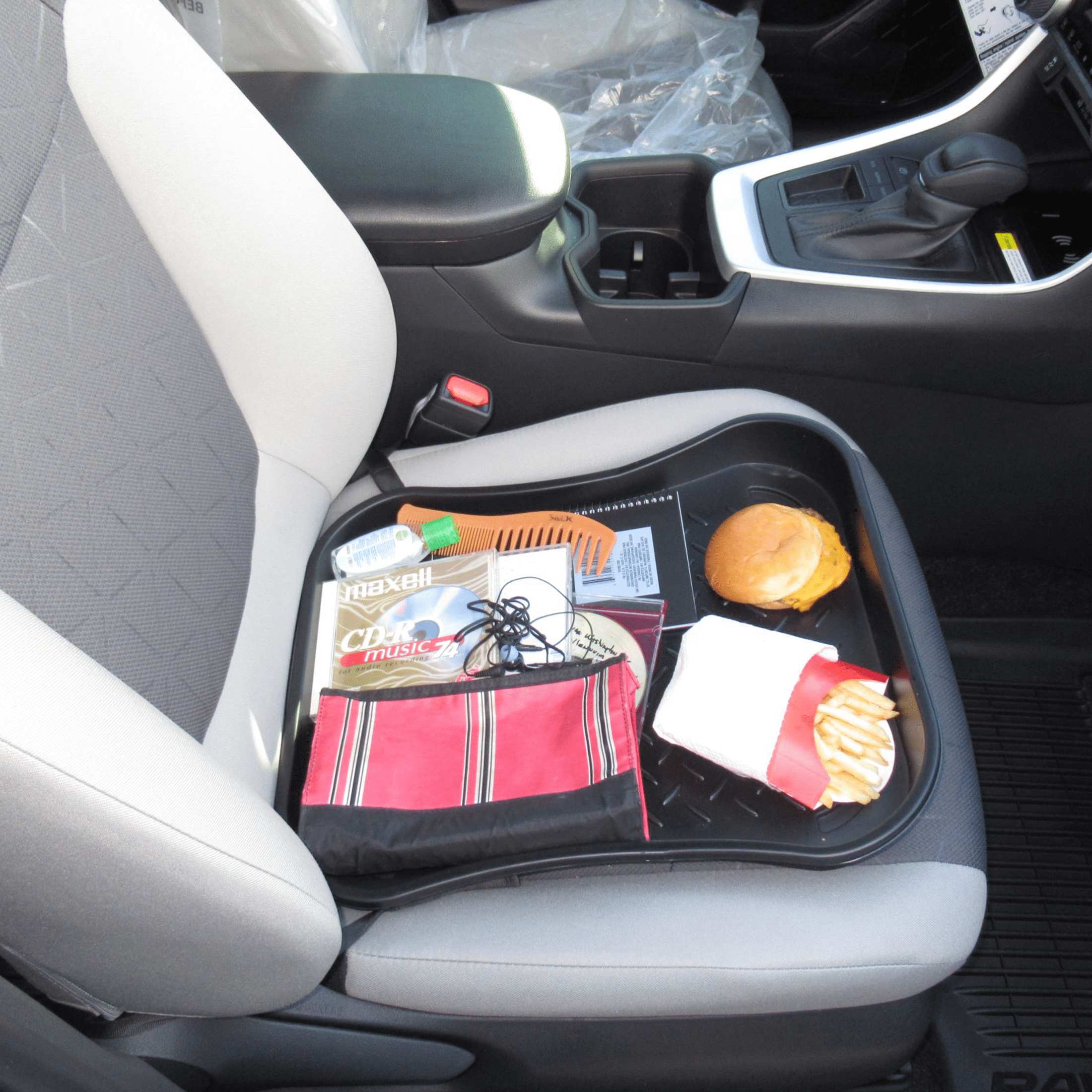 CarSeat Tray+, Clear 17" x 15" x 2.25" Front Seat Organizer For Storing Random Items.