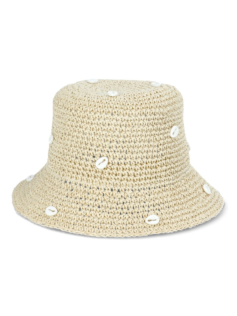 Time and Tru Paper Bucket Hat with Seashells Handmade Light Tan