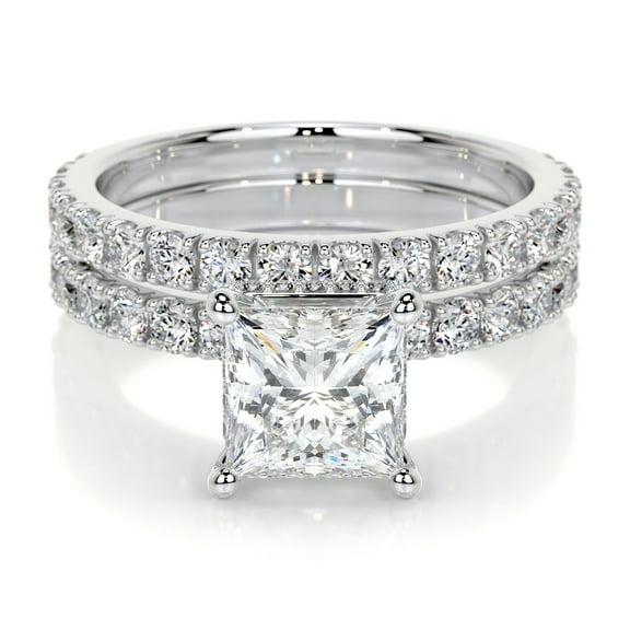 Blue Jewel 1.5 Ct Princess Cut Lab Created Simulated Diamond - Wedding Rings - Silver 14K White Gold Over Rings - Solitaire with Accent Diamond Rings for Her - Eternity Diamond Rings for Women's