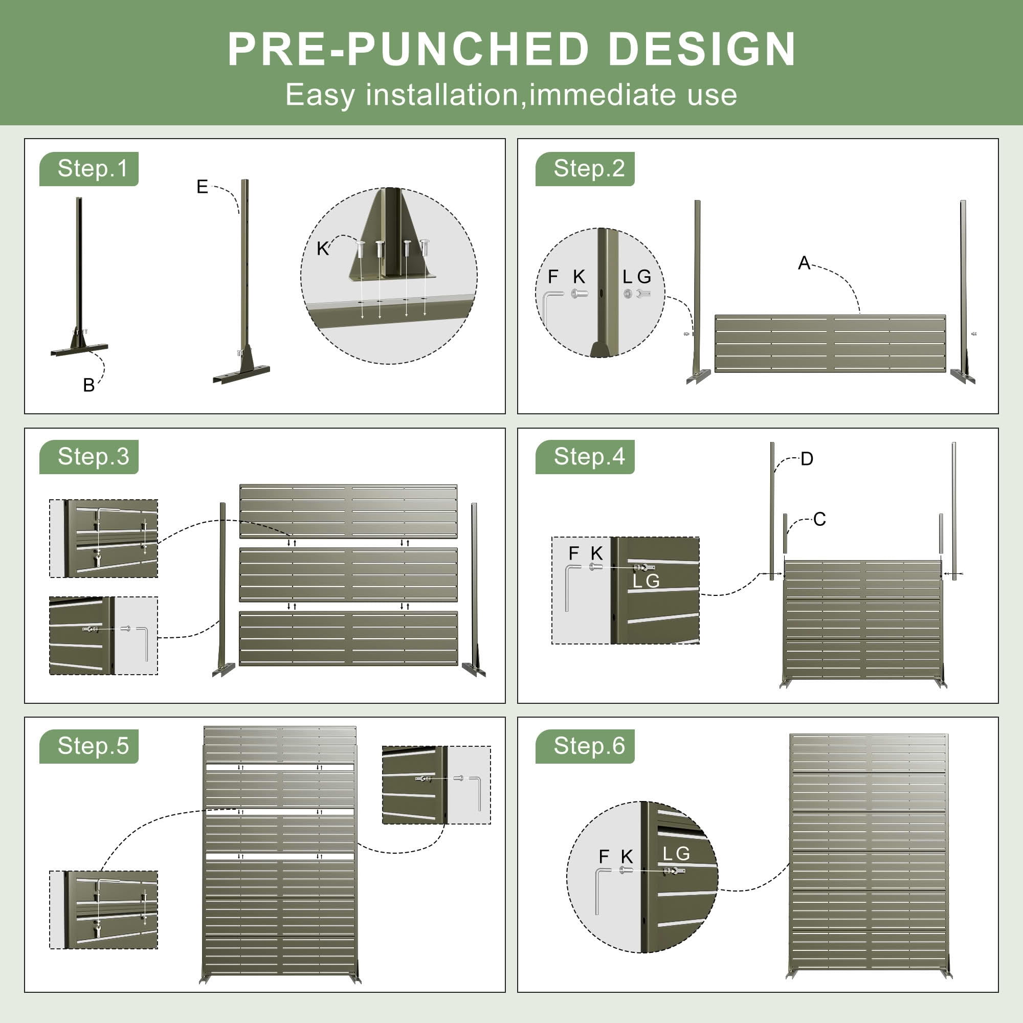 MAYEERTY 72"x47" Decorative Privacy Screen, 6-Panel Gray Olive Street Cutout Galvanized Steel Fence, Weather Resistant for Deck Balcony